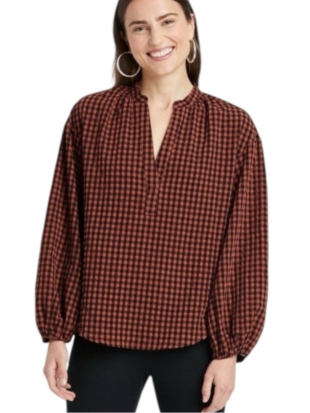 A New Day Women's Long Sleeve Checkered Plaid Gingham Puff Sleeve Top!